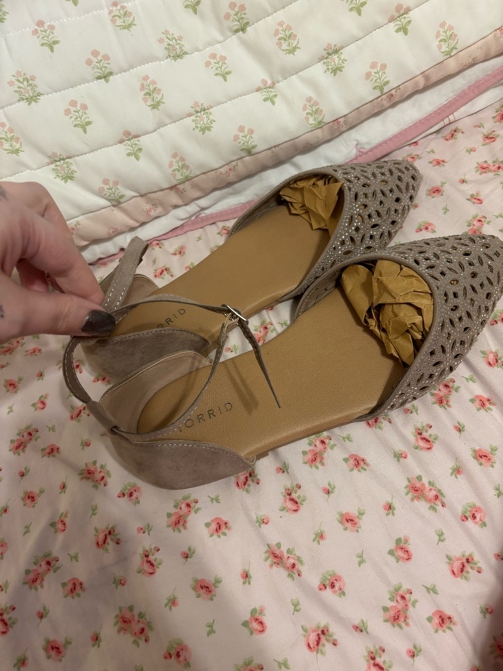 Torrid Taupe Laser-Cut Pointed-Toe Flats Embellished with Ankle Strap